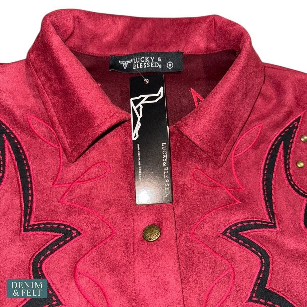 Lucky & Blessed Red Suede Boot Stitch Studded Jacket Western Rodeo NFR~NEW - Picture 9 of 16